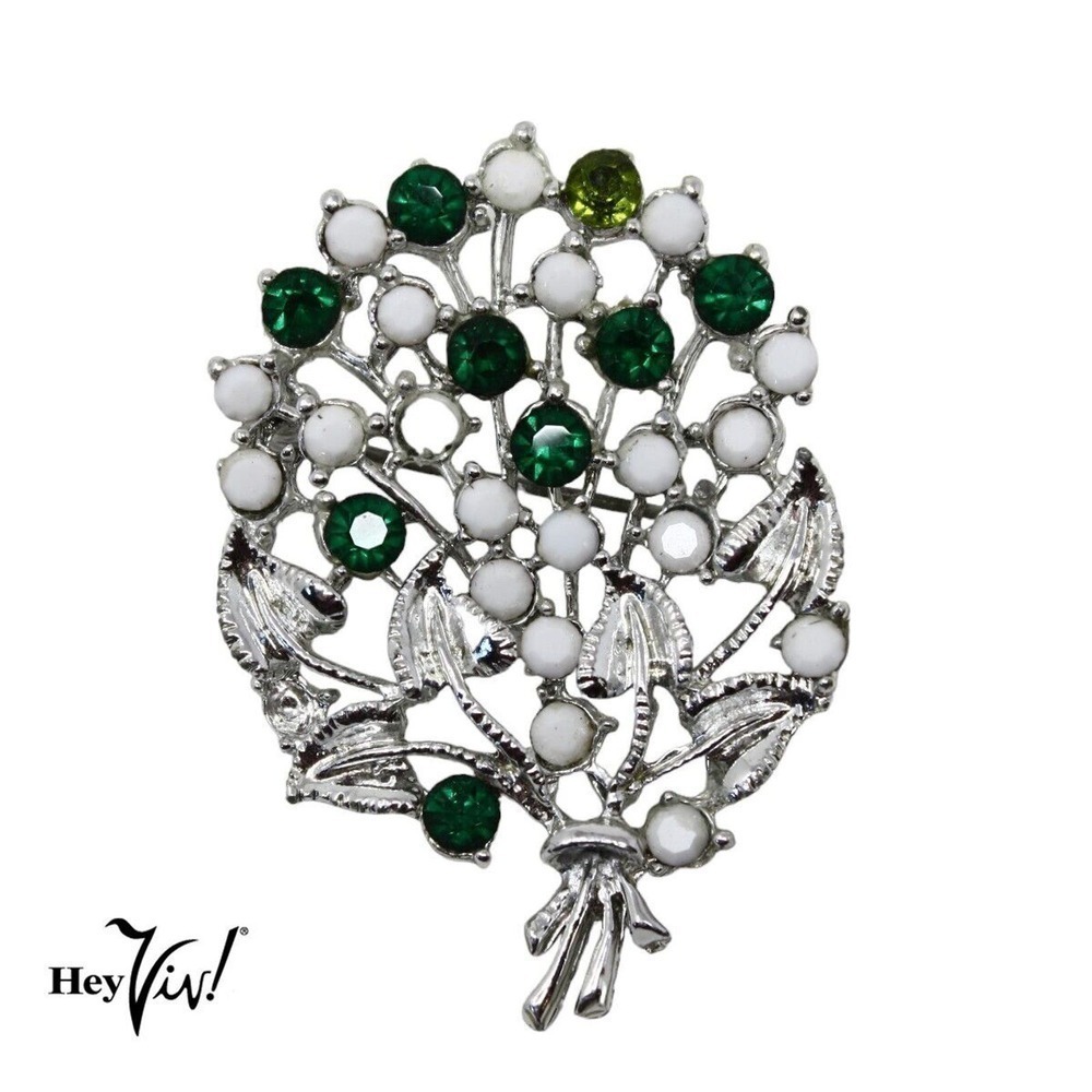 Vintage Green Rhinestone and White Pin Brooch Blooming Bouquet 2.25" - Hey Viv